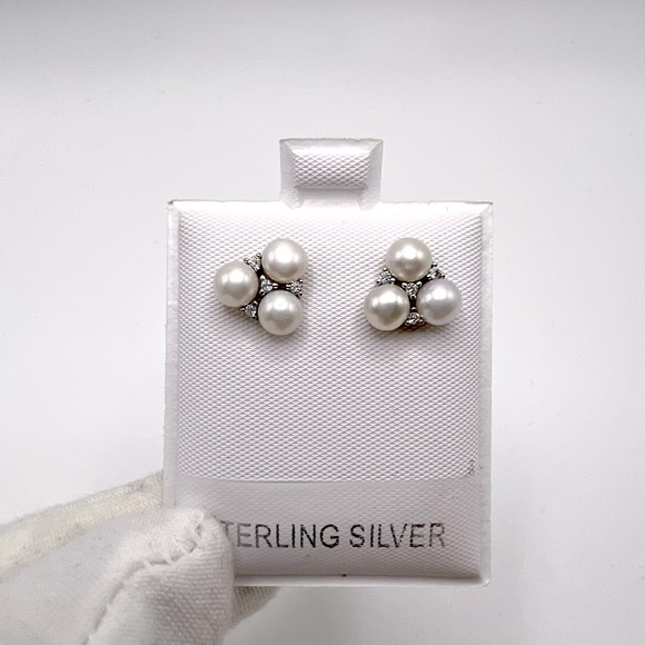 .925 Sterling Silver Simulated Pearl and Clear Cz Earrings - Picture 16 of 17